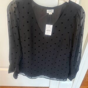 J. Crew Black Polka Dot Sheer V-Neck Blouse with Puff Sleeves